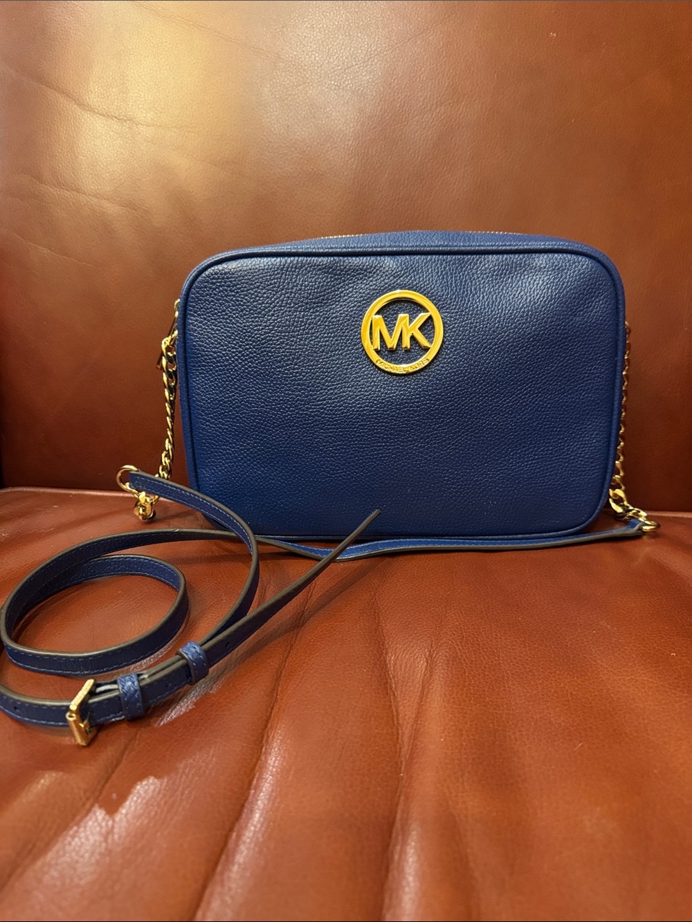 Michael Kors Royal Blue Pebbled Leather Crossbody with Gold Logo